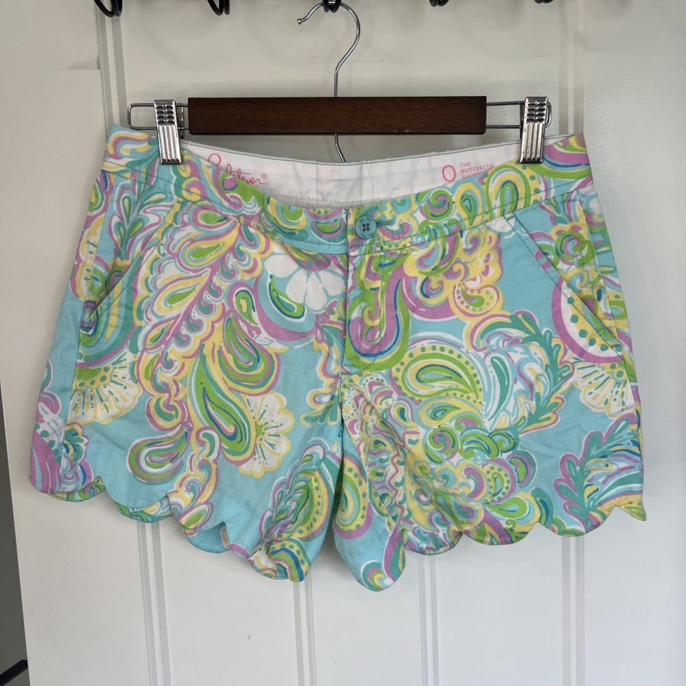 Lilly Pulitzer Buttercup Stretch Shorts Women Size 0 Aqua Blue Pink Scalloped